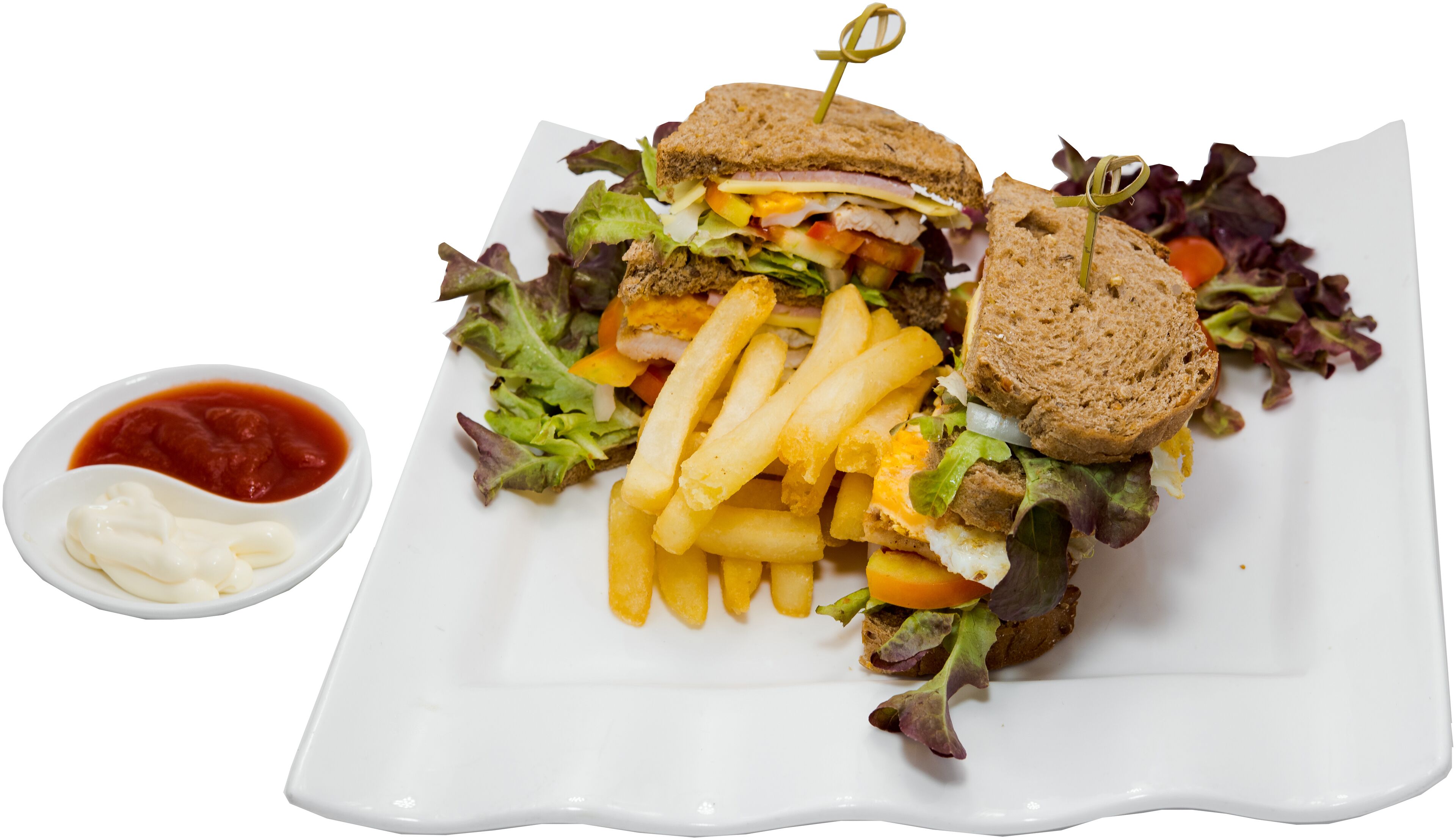 A sandwich with fries and salad on a white plate.