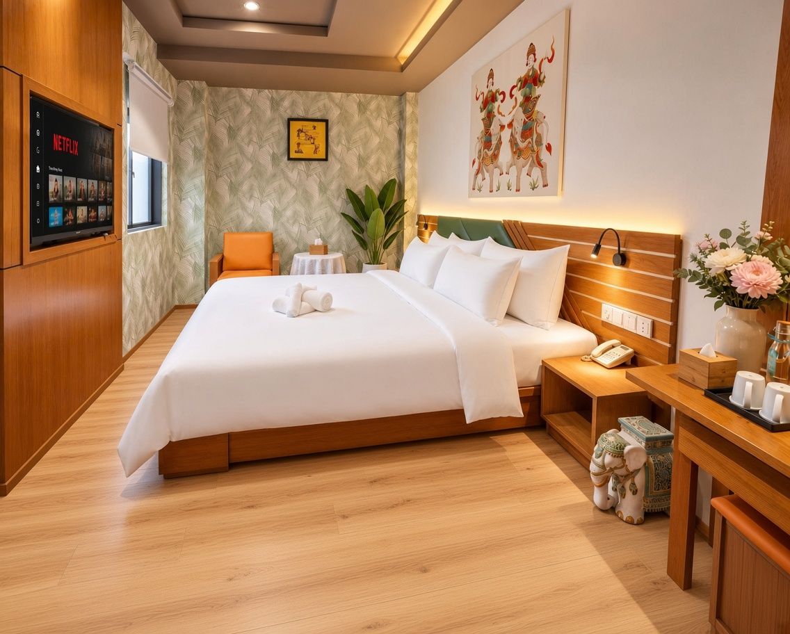 Ein modernes Hotelzimmer mit einem großen Bett, einem Nachttisch und einem an der Wand montierten Fernseher.