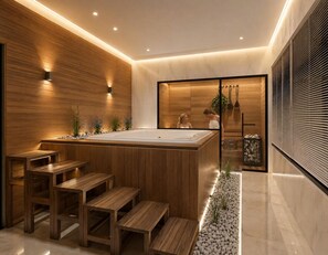 Un área de spa moderna con un jacuzzi de madera, bancos de madera y un sendero de piedra.