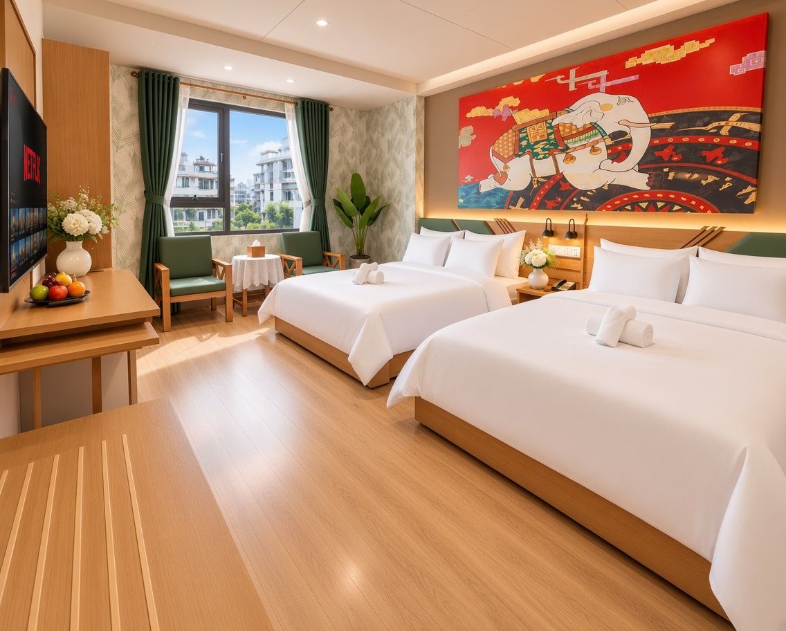 A hotel room with two beds, a desk, a chair, a TV, and a large window with curtains.