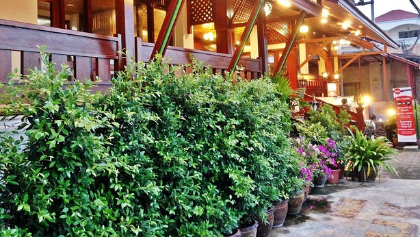 Un edificio tradicional con un porche de madera y plantas en macetas.