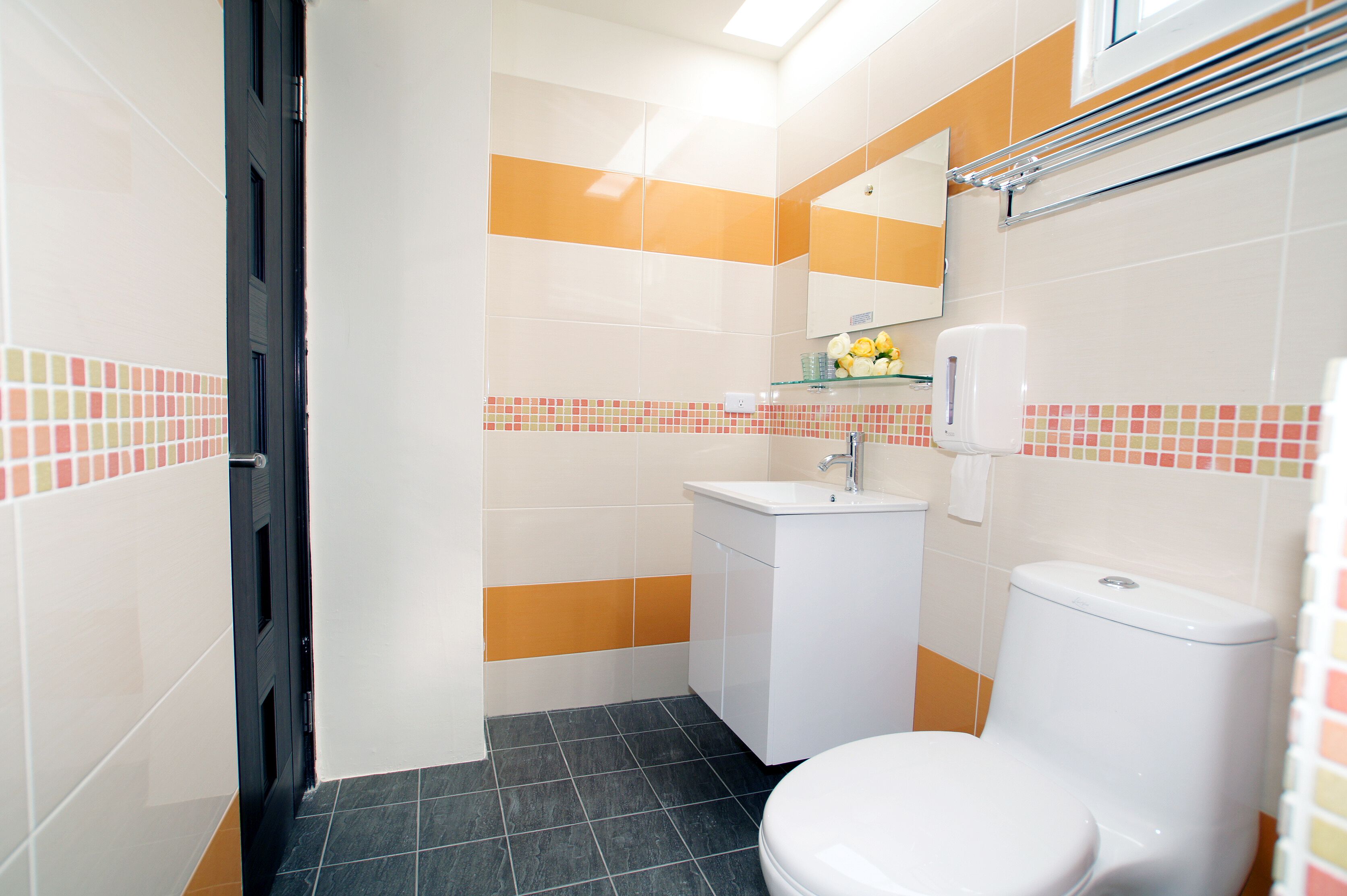 A bathroom with a white toilet, a sink, and a mirror.