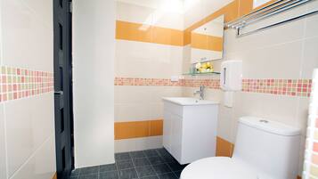 A bathroom with a white toilet, a sink, and a mirror.