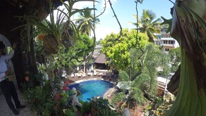 A pool area surrounded by lush greenery and palm trees, with a view of a building in the background. - Hotel Sunray (Kandy)