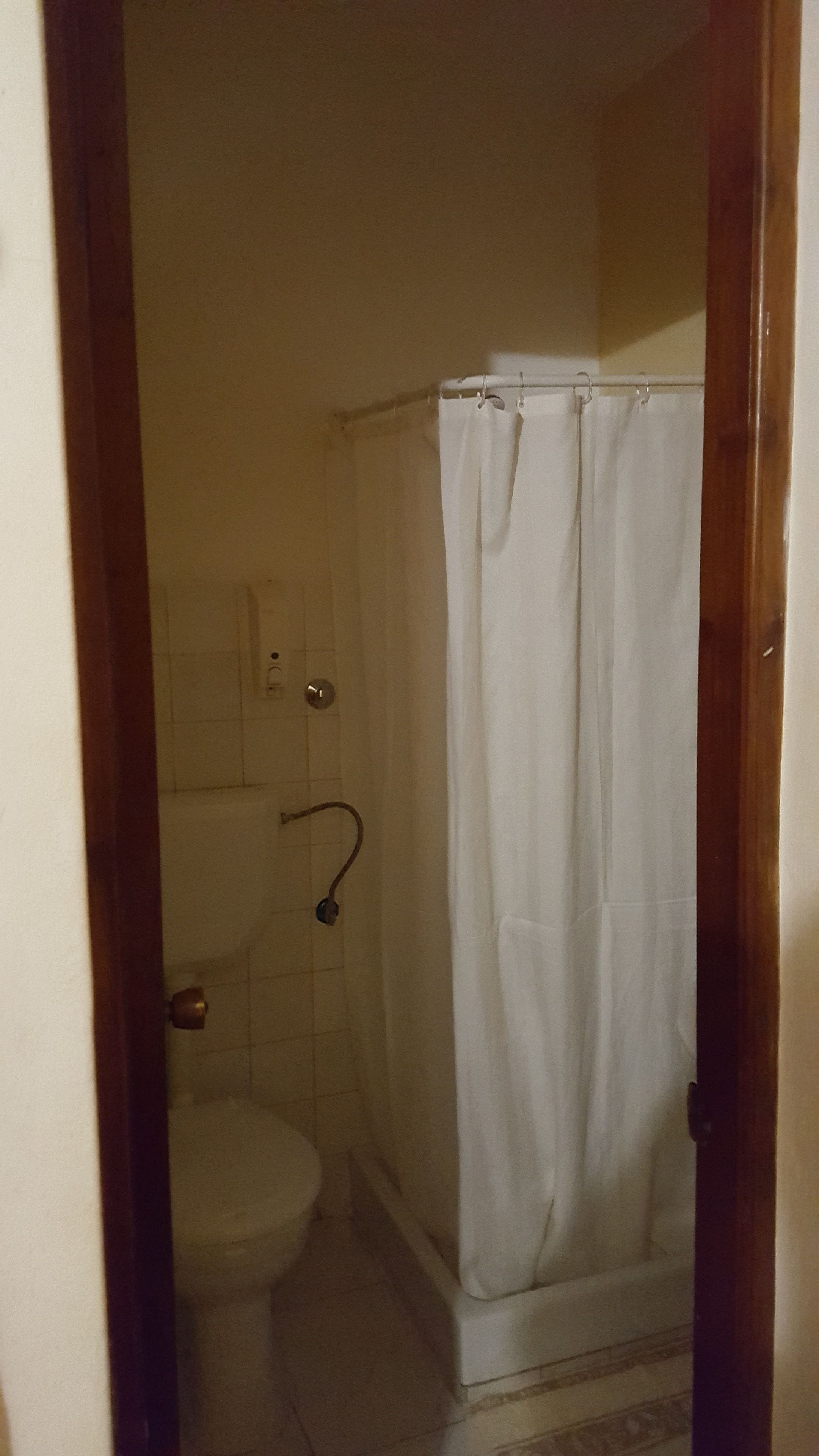 Un baño con inodoro, cortina de ducha y pared de azulejos.