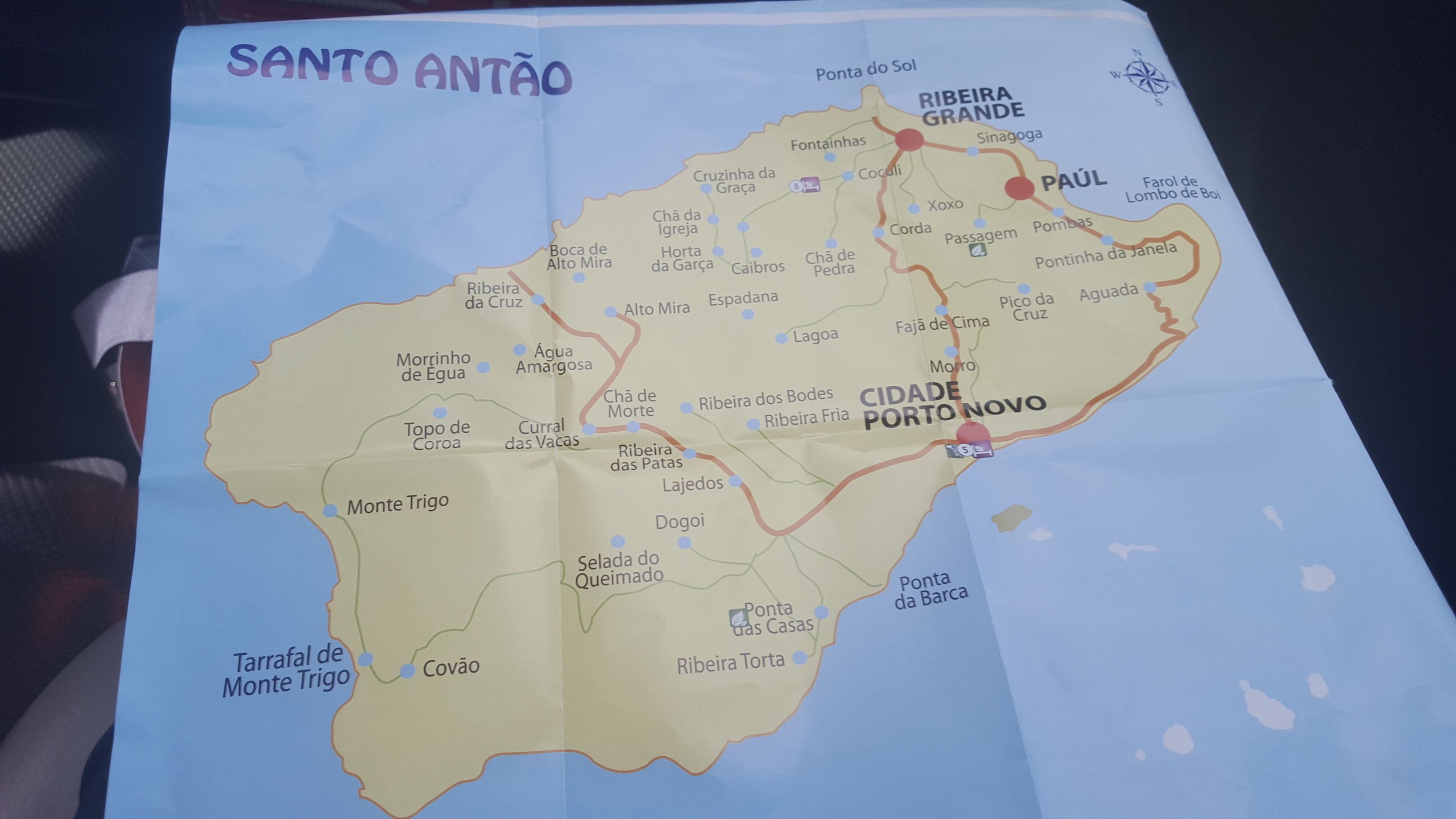 A map of Santo Antão with marked towns and roads.