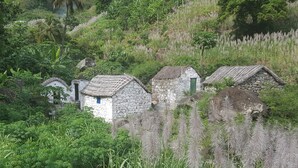 Eine Gruppe aus Steinhäusern mit Strohdächern, umgeben von dichter Vegetation und einem Gewässer.