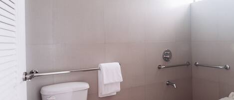 A modern bathroom with a toilet, a shower area, and a handrail.