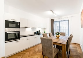 Standard Apartment, 2 Bedrooms, Balcony | Private kitchen | Coffee/tea maker, full-sized fridge, microwave, oven