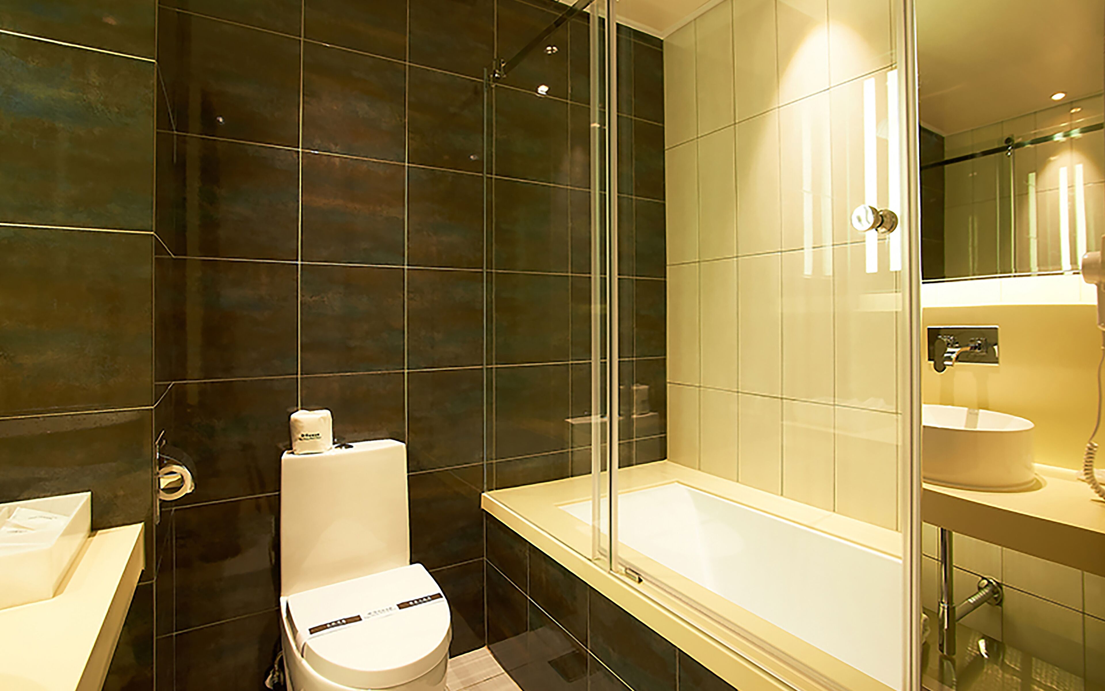standard double room | bathroom | combined shower/bathtub, hair dryer, slippers, towels