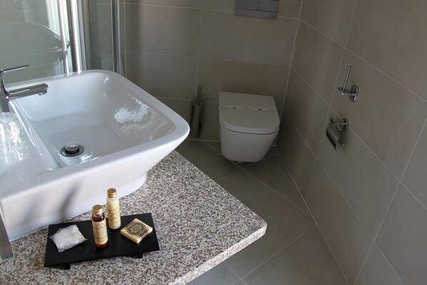 A bathroom with a white sink, a toilet, and a granite countertop.