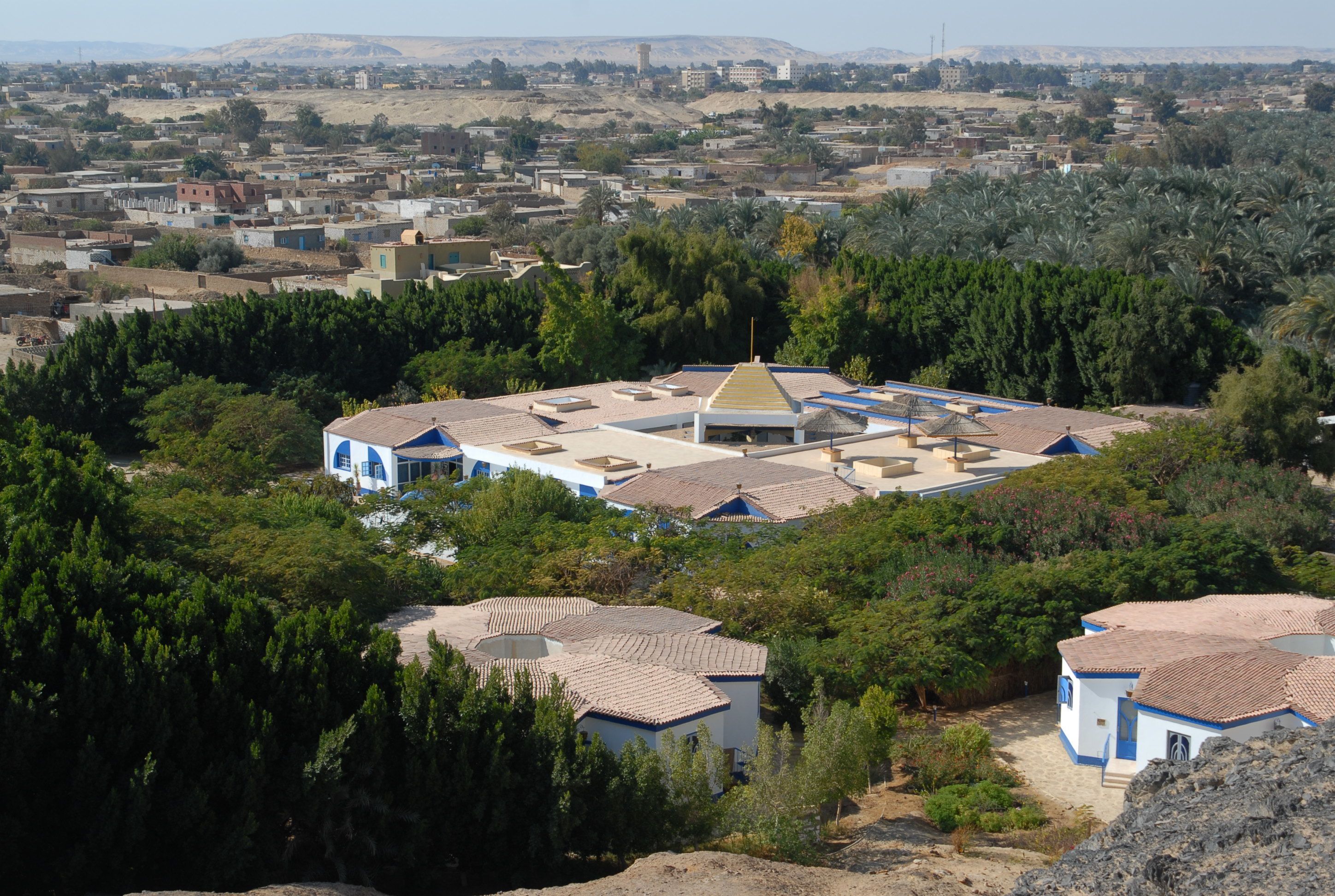 A residential area with multiple houses, some with blue roofs and others with brown roofs, surrounded by greenery and trees.