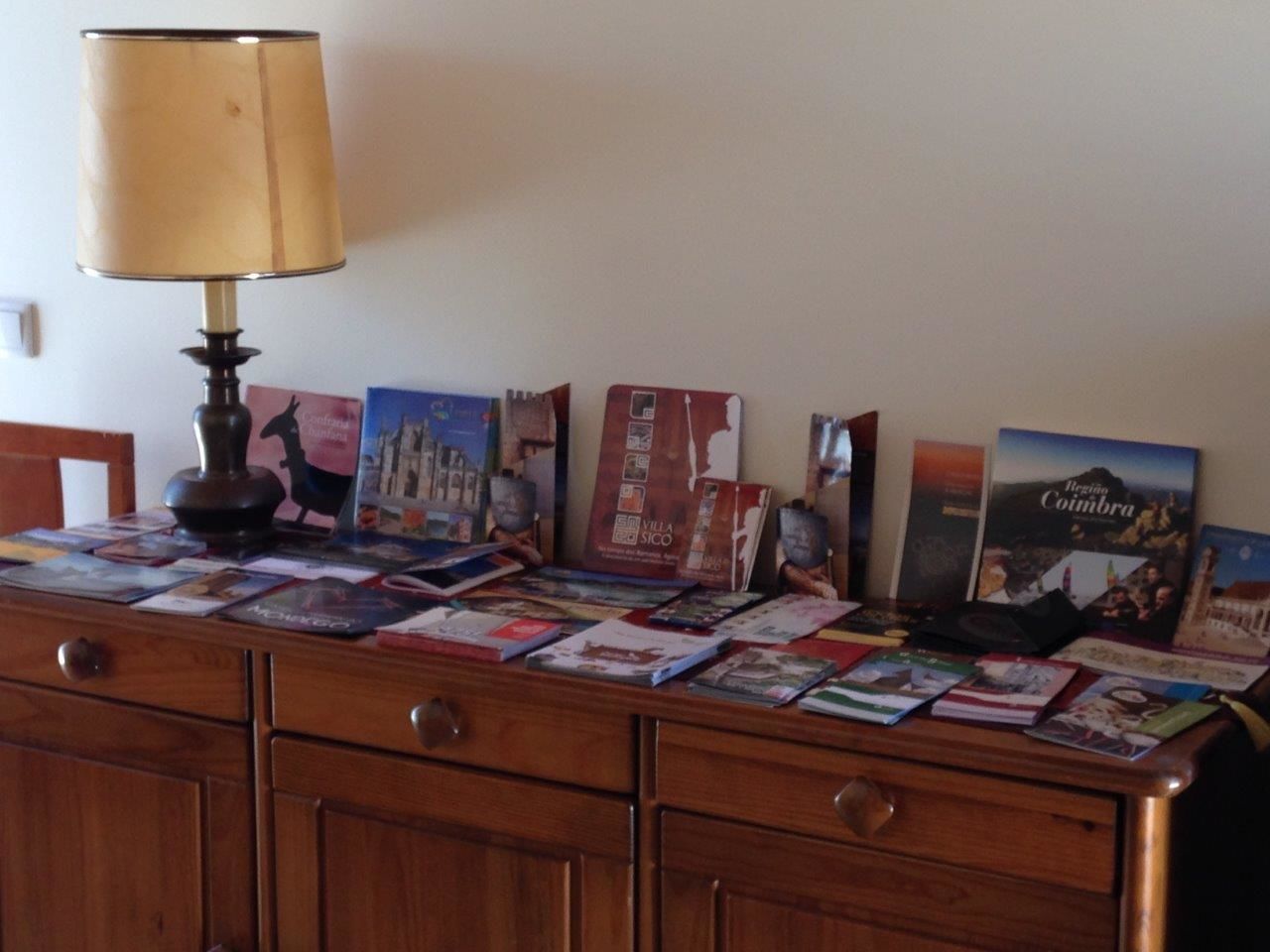 A wooden desk with a lamp and a collection of travel brochures.
