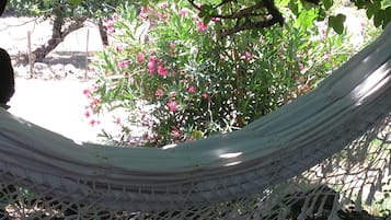 Una hamaca en un jardín con un árbol y flores rosadas.