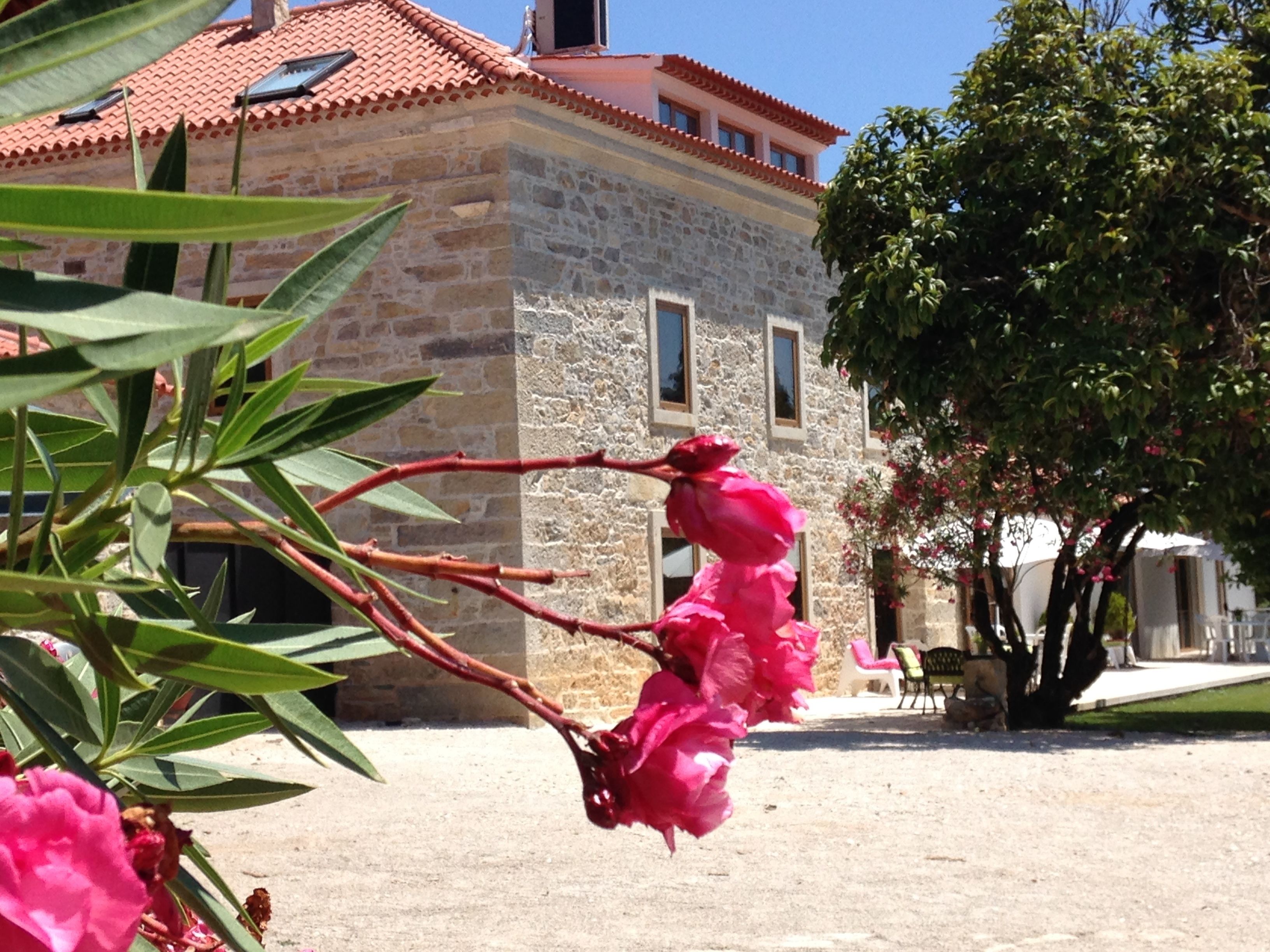 A stone building with a red-tiled roof, a tree with pink flowers, and a clear sky.