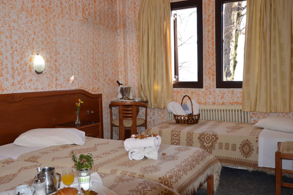 Habitación de hotel con dos camas, cabecero de madera, una mesita con un florero y una jarrilla, y una ventana con cortinas.