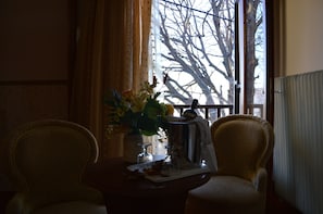 Ein Zimmer mit zwei Stühlen, einem Tisch mit Blumen und Blick auf kahle Bäume durch ein Fenster.