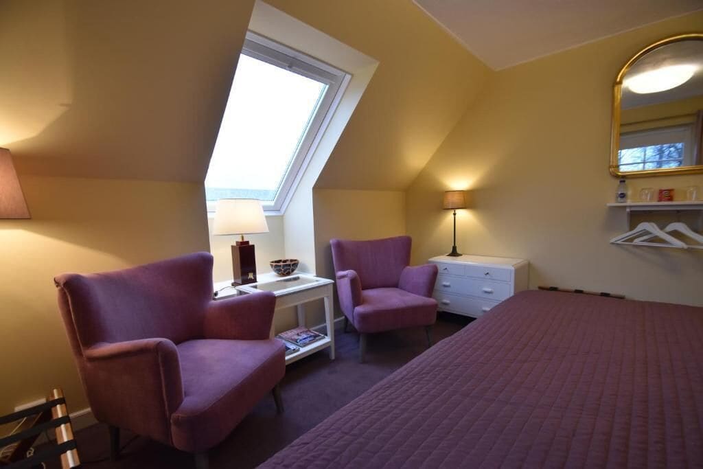 A bedroom with a sloped ceiling, a skylight, two purple armchairs, a white dresser, a bed with a pink quilt, and a mirror with a gold frame.