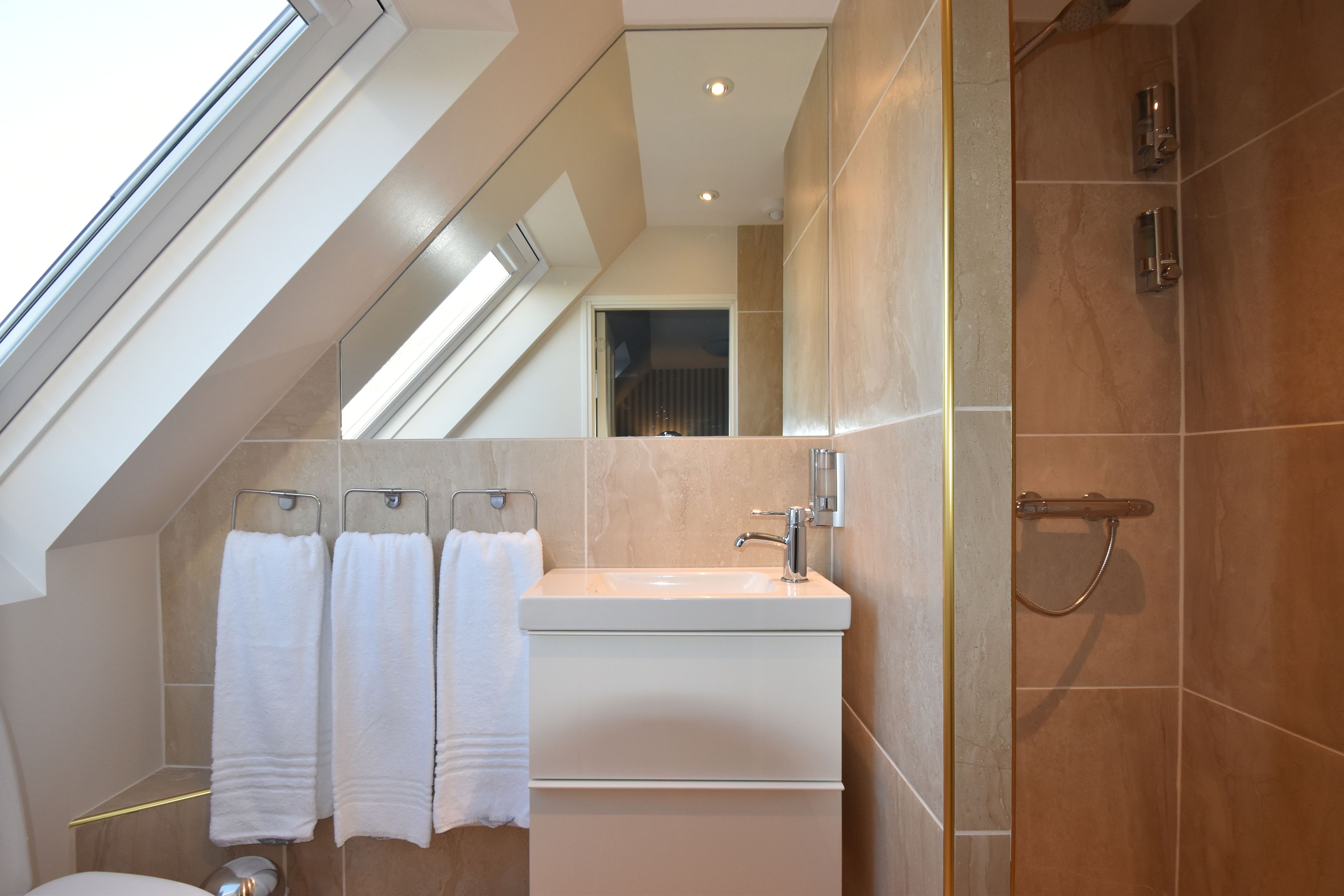 Un baño moderno con tragaluz, un lavamanos y una ducha.