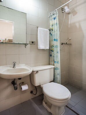A bathroom with a toilet, sink, and shower. - Hotel São Jorge, São Paulo - perto da 25 de Março fácil acesso ao Expo Center Norte e Mercado Municipal. (São Paulo)