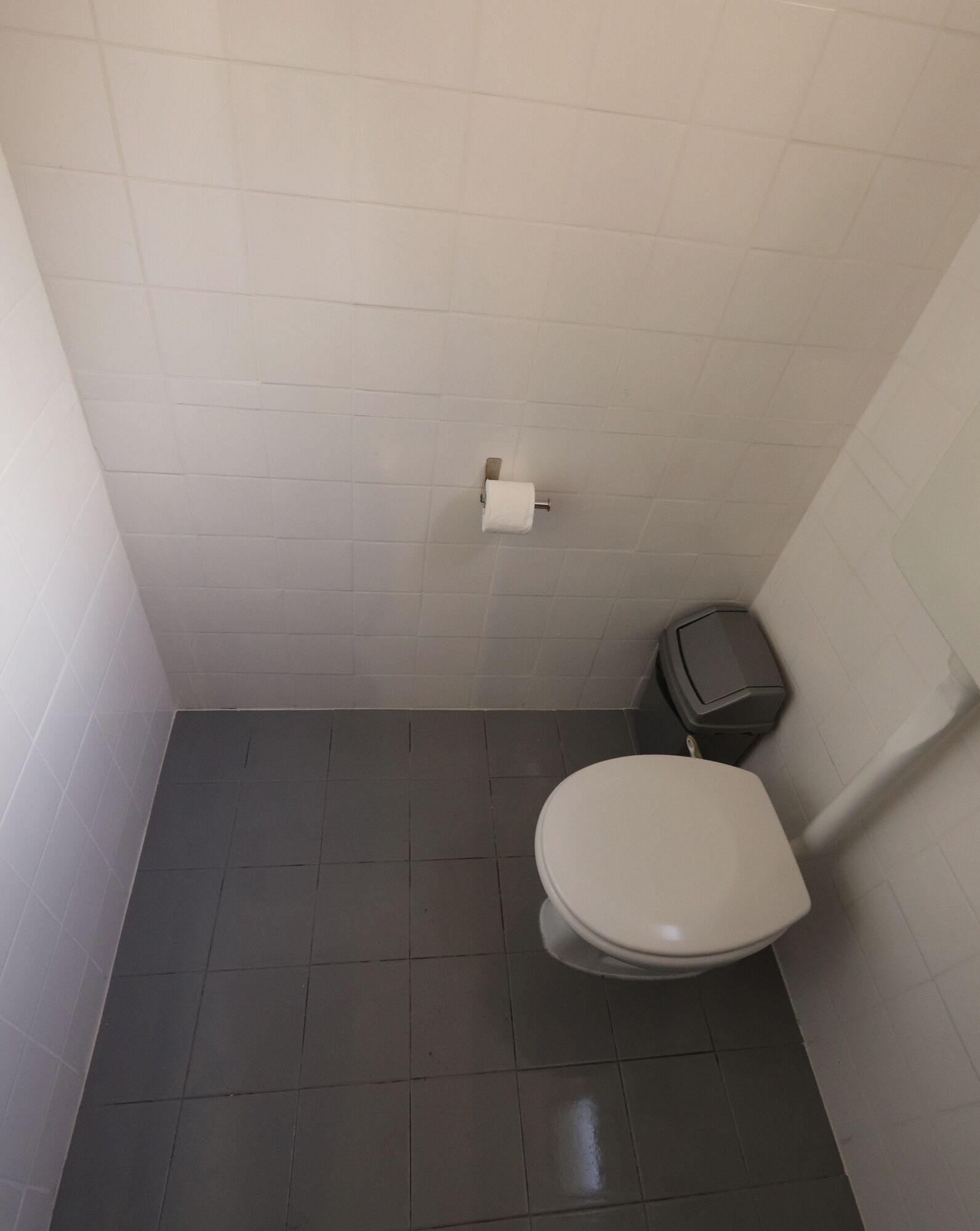A small bathroom with a white toilet, a trash bin, and a toilet paper holder on the wall.
