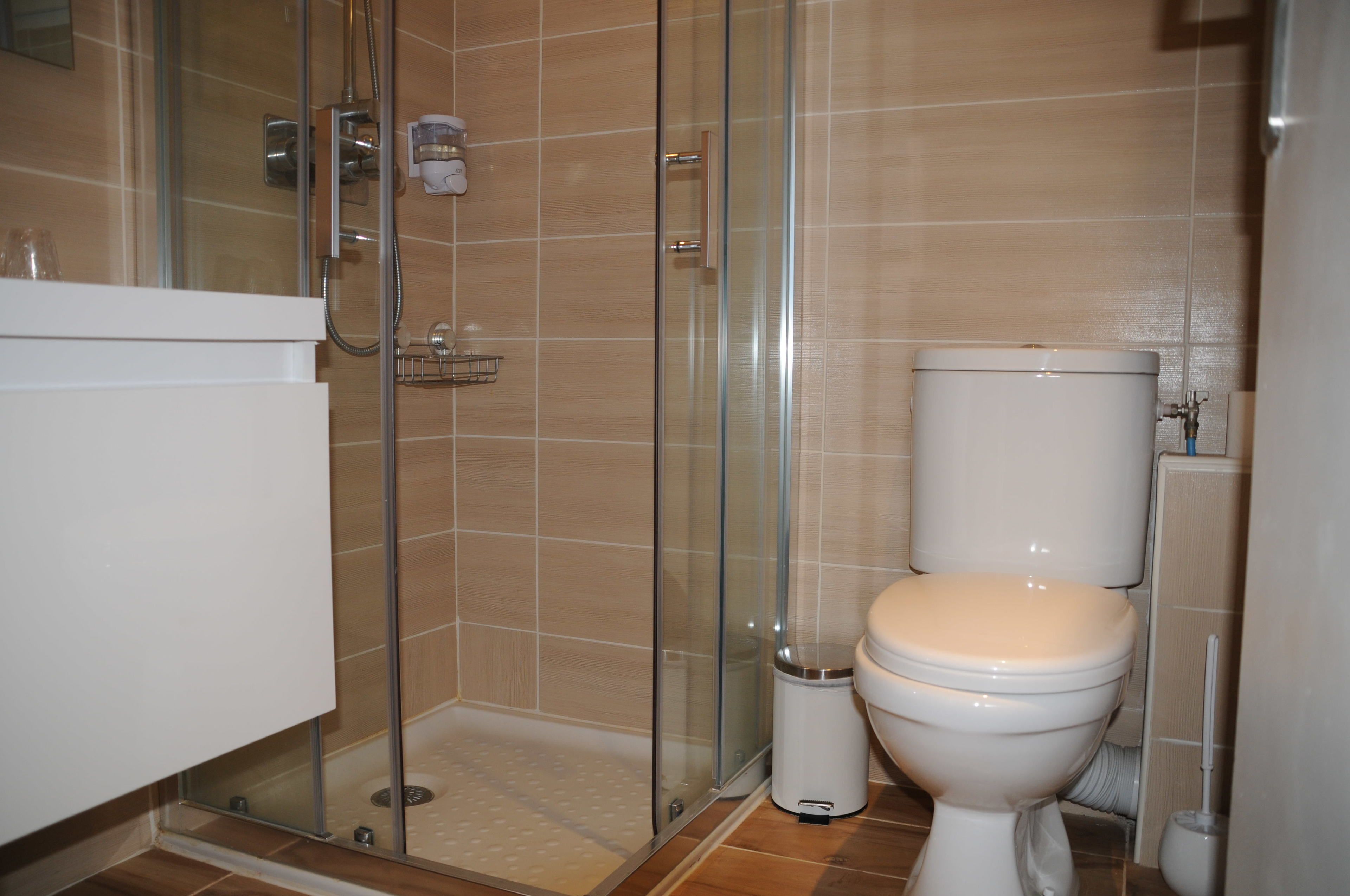 Un baño con ducha vidriada, inodoro y lavamanos.