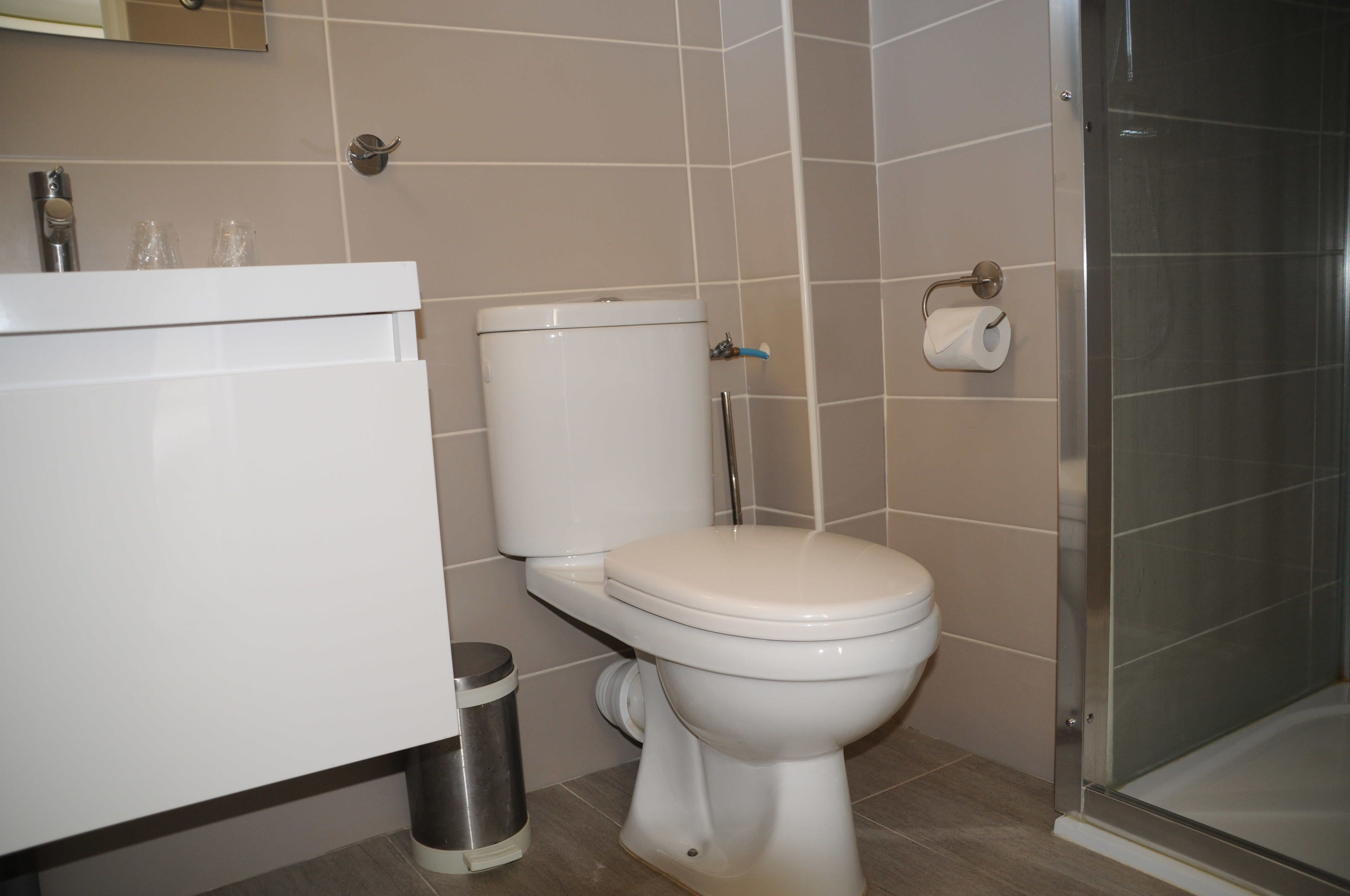 A bathroom with a toilet, sink, and shower area.