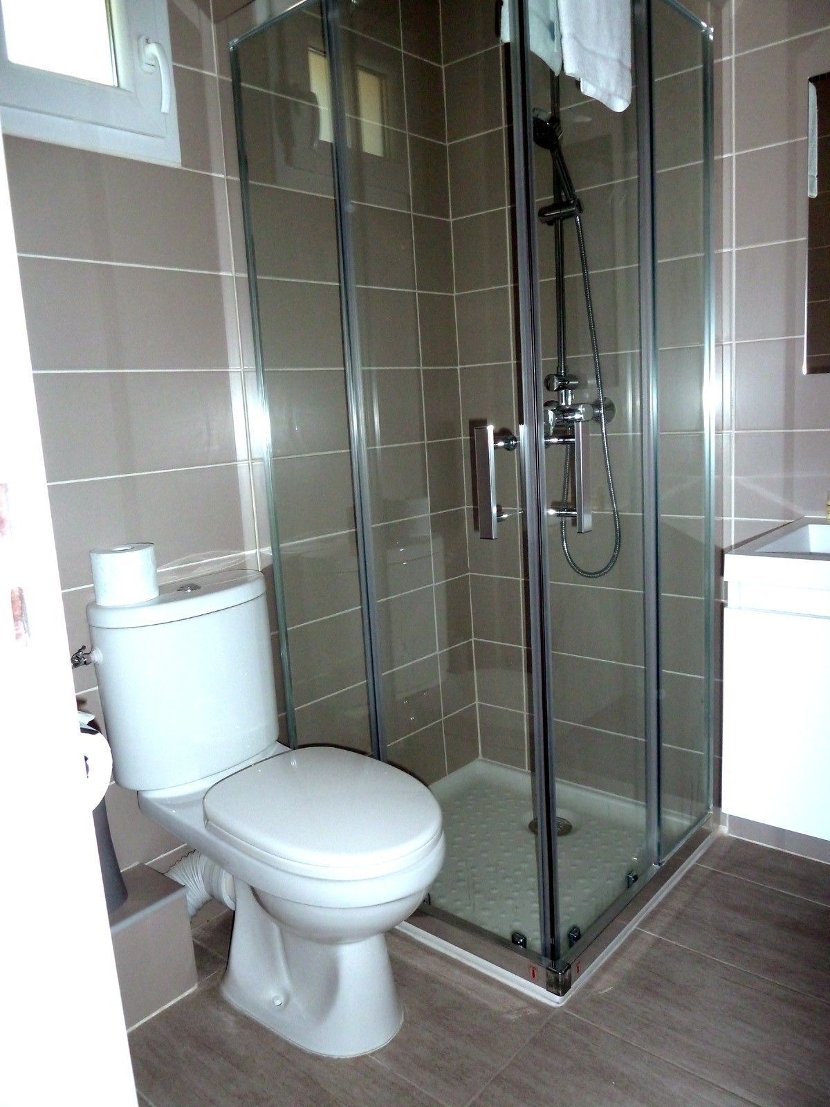 Une salle de bain moderne avec une douche à parois de verre, des toilettes et un lavabo.