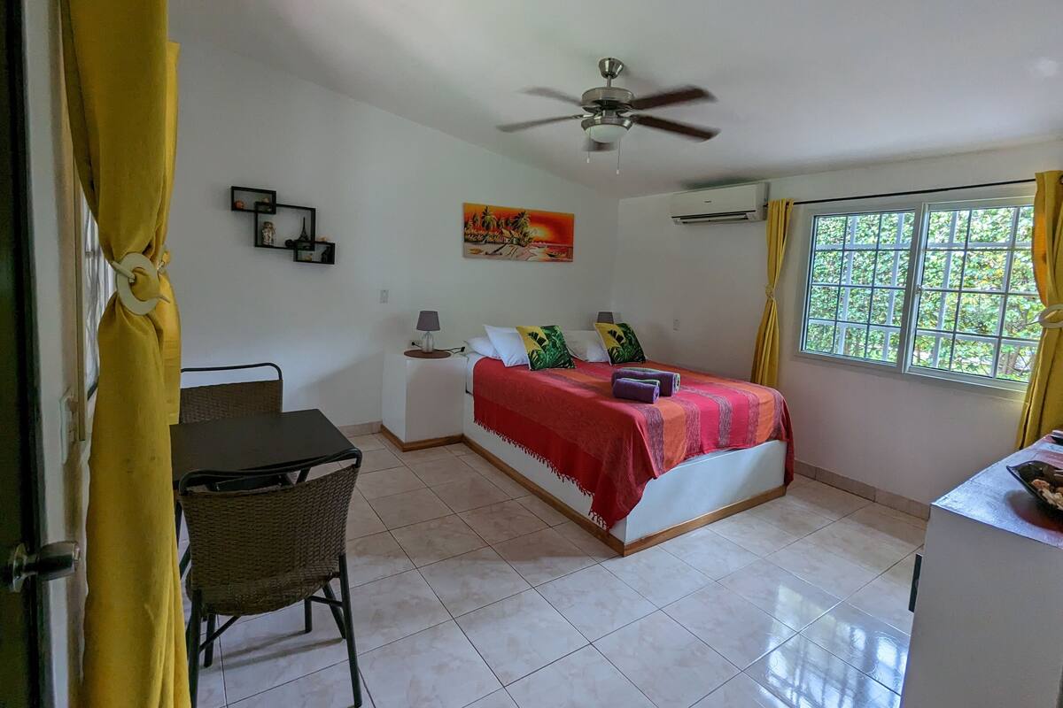 Un dormitorio con cama, escritorio, silla, ventilador de techo, ventana con cortinas y unidad de aire acondicionado.