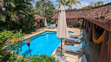Outdoor pool, pool umbrellas, pool loungers