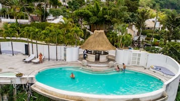 Outdoor pool, pool umbrellas, pool loungers