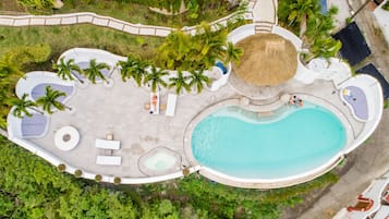Outdoor pool, pool umbrellas, sun loungers
