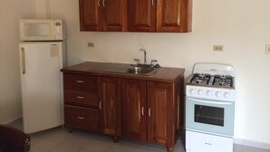A compact kitchen with wooden cabinets, a built-in sink, a microwave, and a stove.