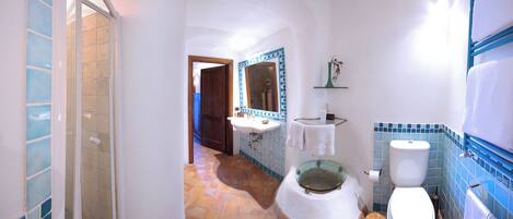 A narrow hallway leading to a bathroom with a glass-enclosed shower, a sink, and a toilet.