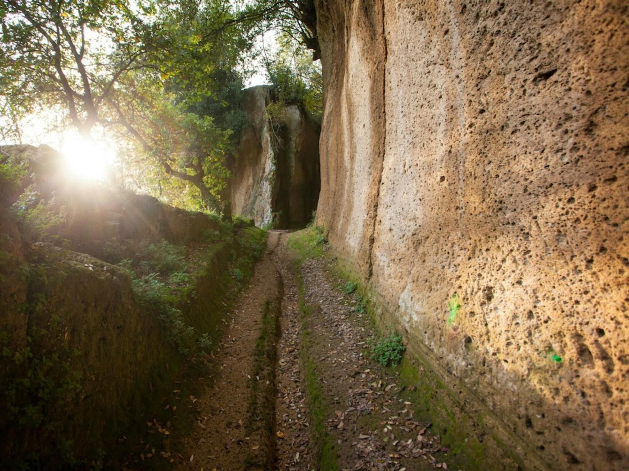 A narrow path flanked by large rock formations, with sunlight filtering through trees.
