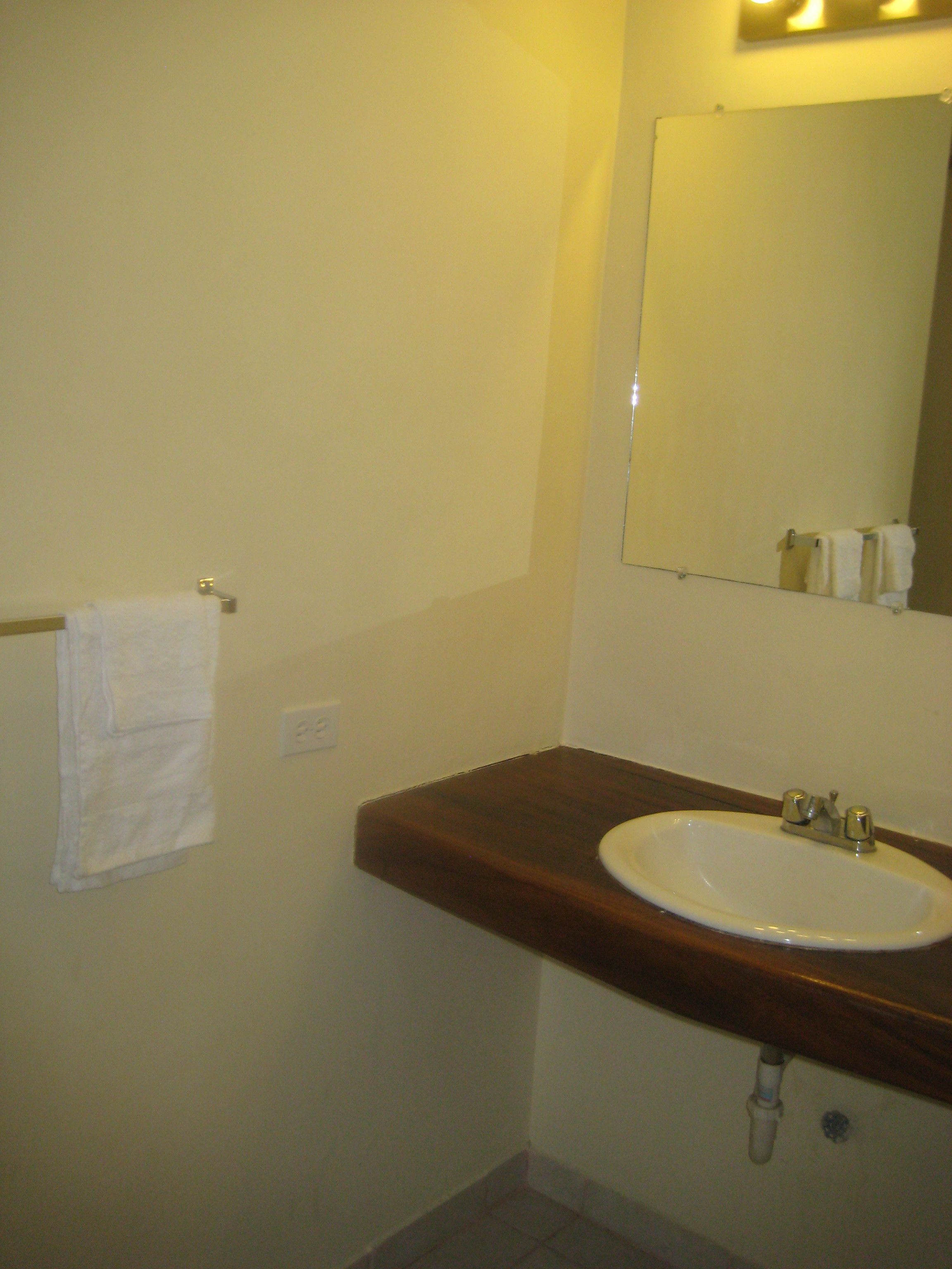 A bathroom with a white sink, wooden countertop, and a mirror above it.
