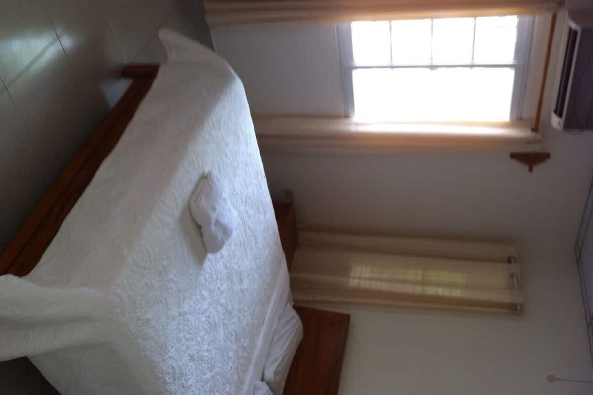 A room with a bed, a window with blinds, and a radiator.