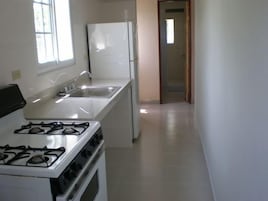 Una cocina con estufa a gas, un lavaplatos y un refrigerador.