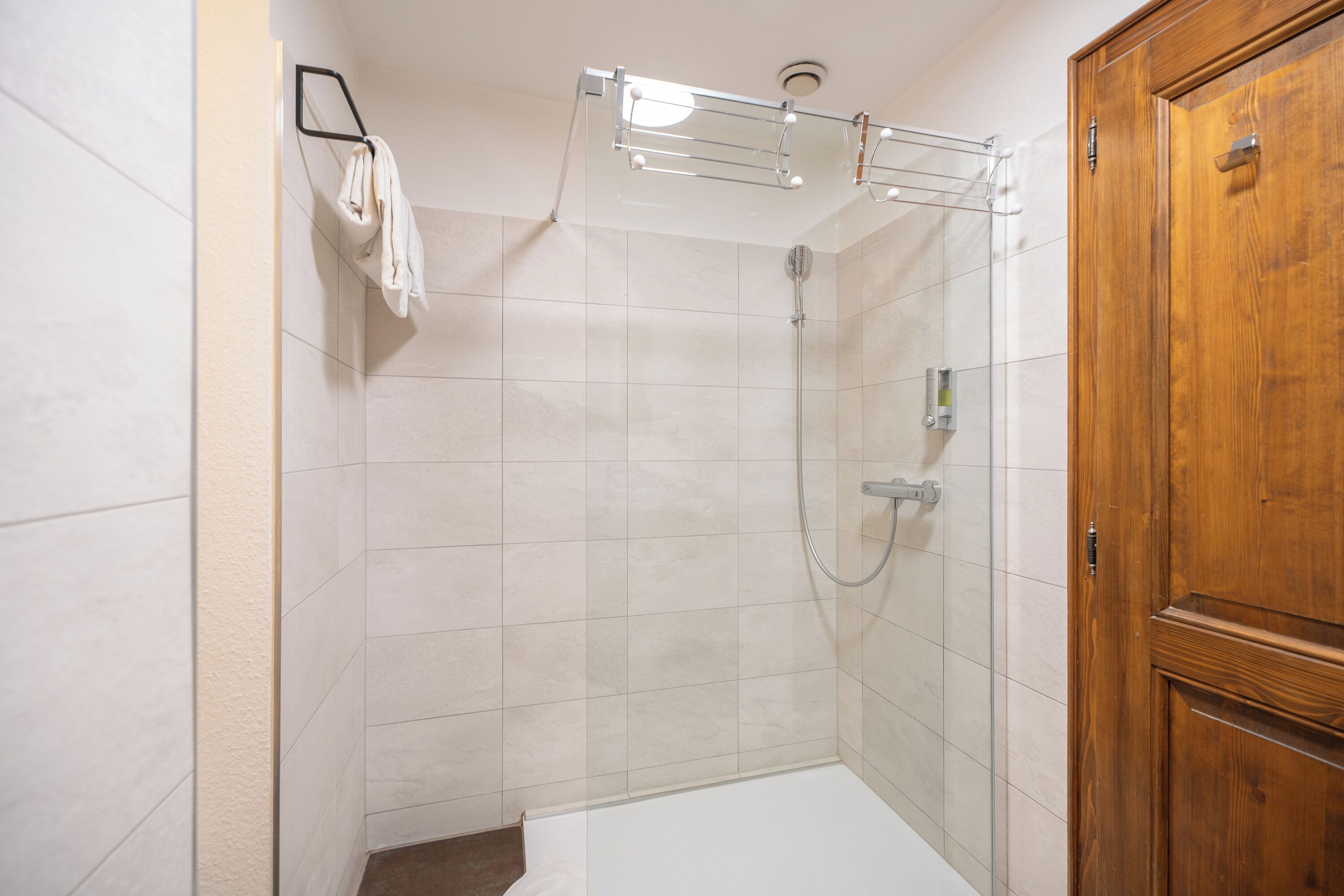 Un espace douche doté d’une porte en verre, d’un porte-serviettes et d’une porte en bois.