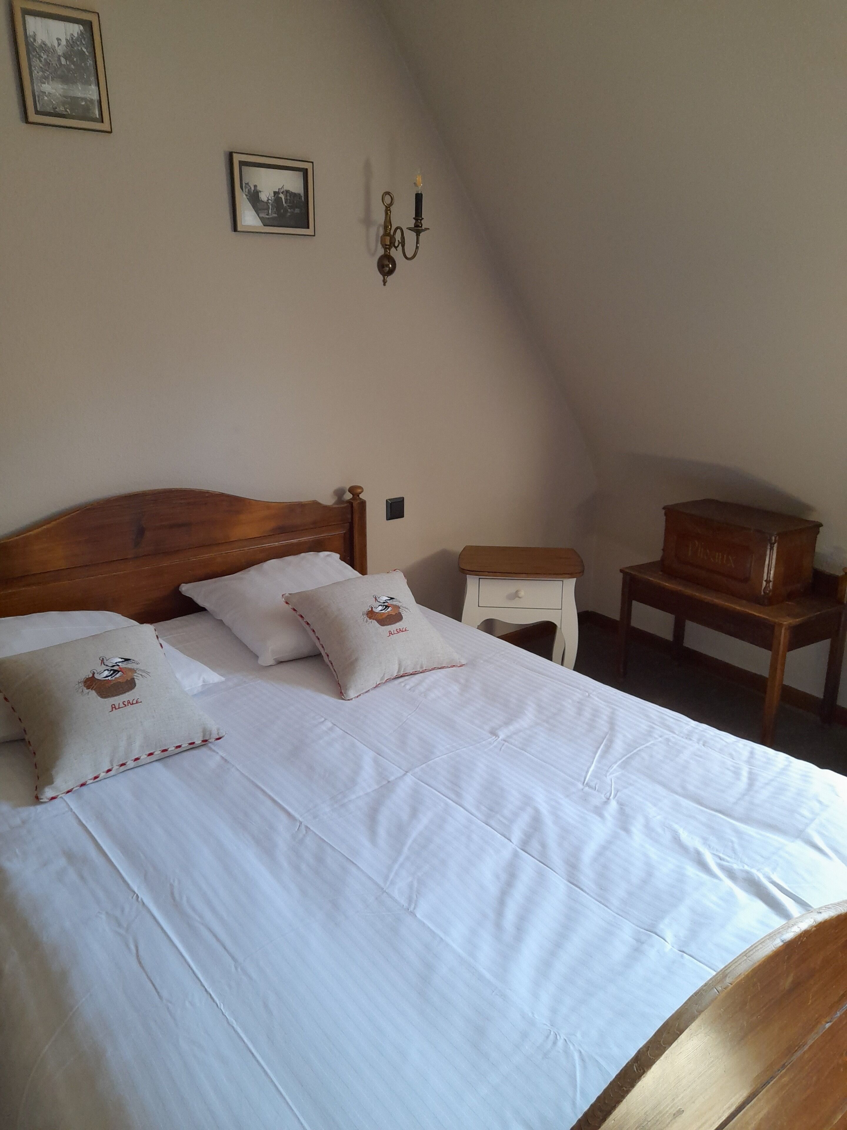 A bedroom with a wooden bed, white bedding, two pillows with a bird design, a nightstand, a dresser, and a wall-mounted lamp.