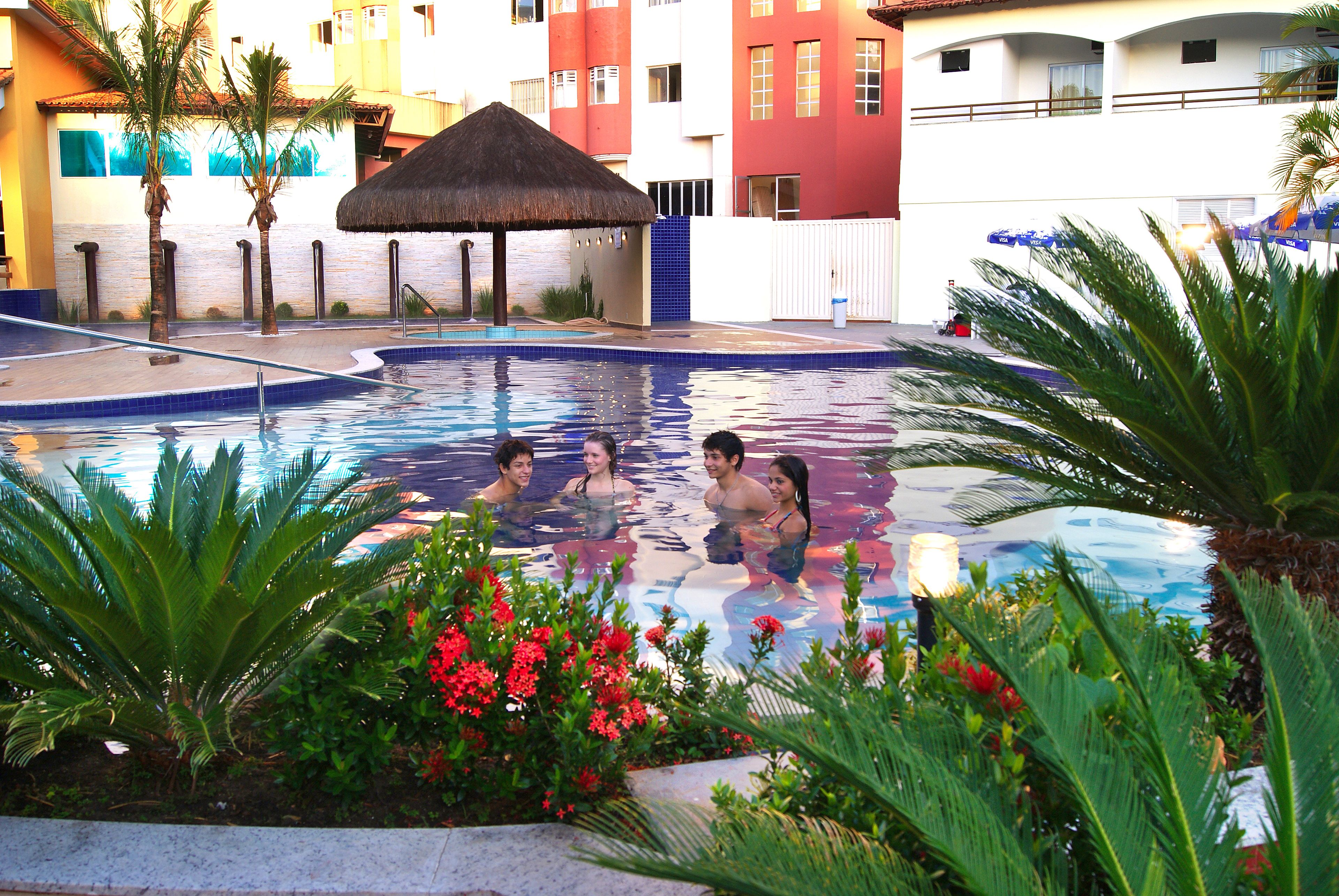 A swimming pool with palm trees and red flowers around it.