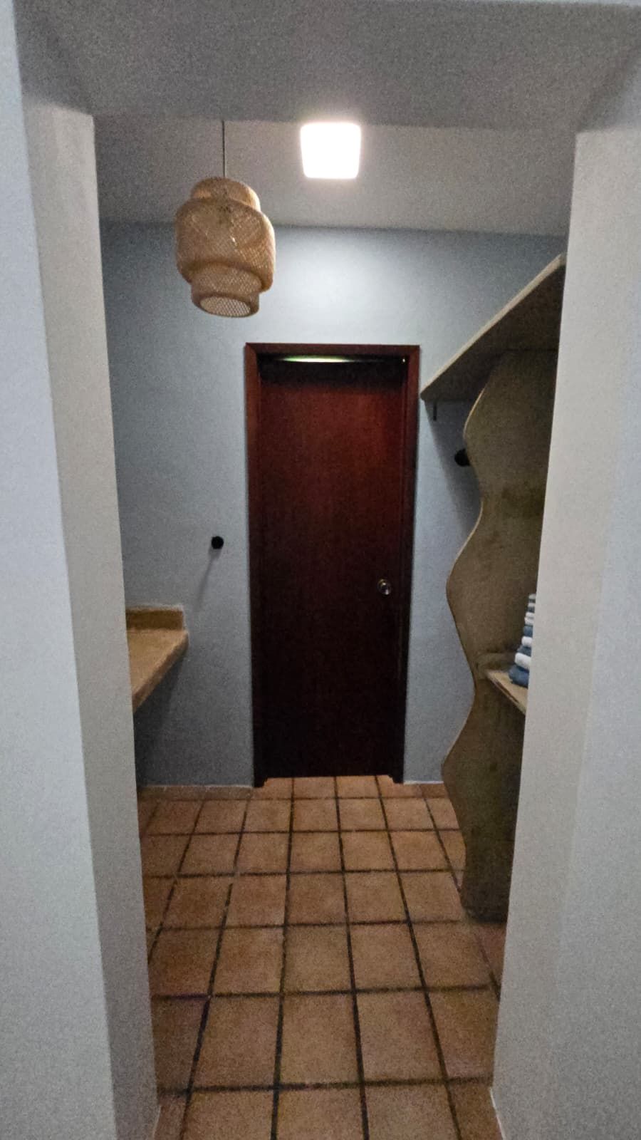 A narrow hallway with a tiled floor, a wooden door, and a light fixture above it.