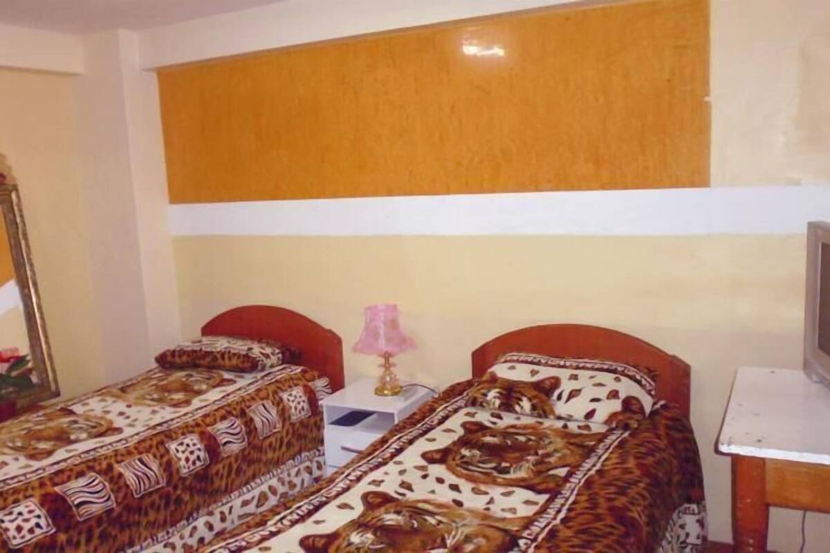 A room with two beds, each with a leopard print bedspread, a television on a stand, and a mirror on the wall.