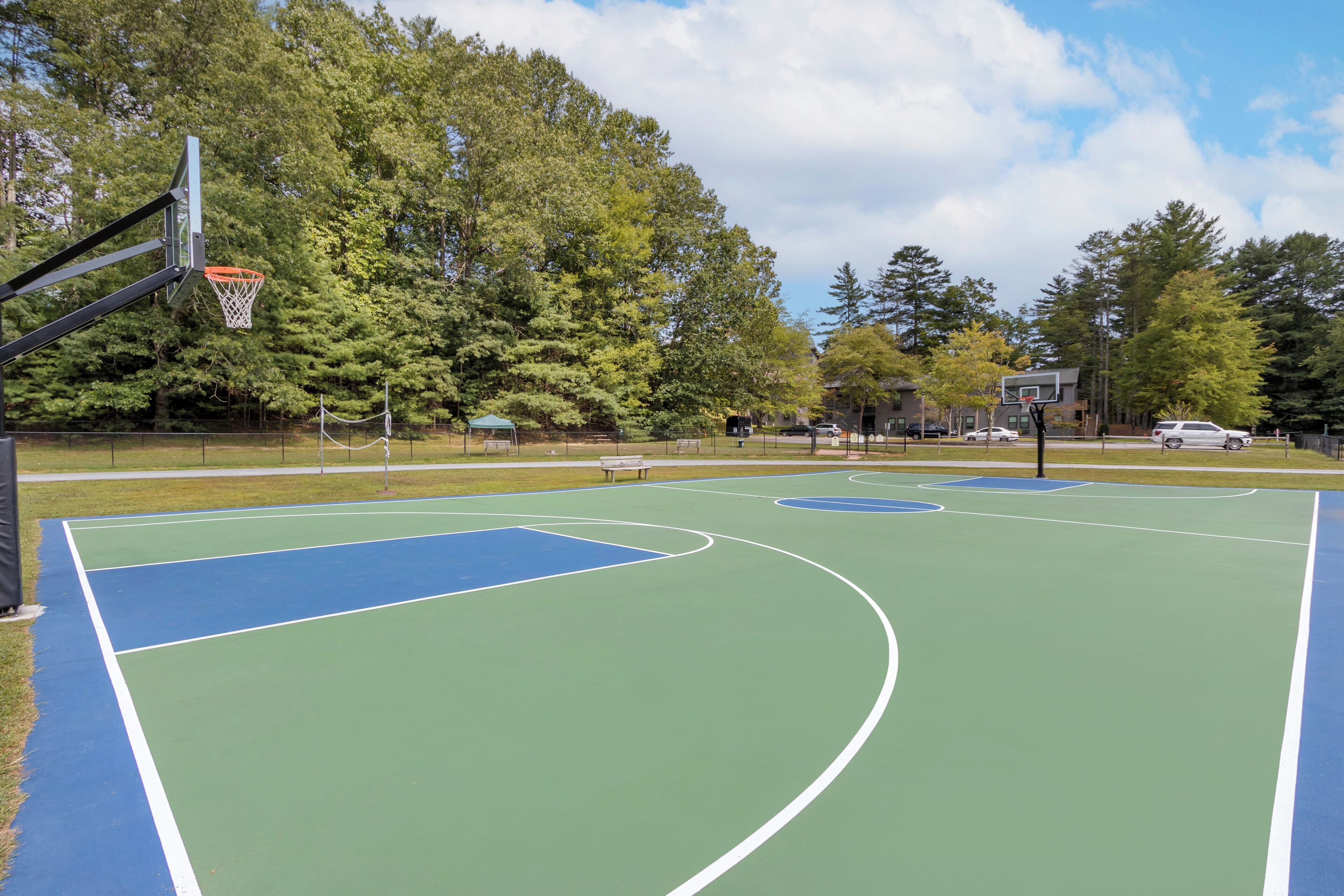 Una cancha de baloncesto al aire libre con superficie verde y azul, rodeada de árboles y un edificio al fondo.