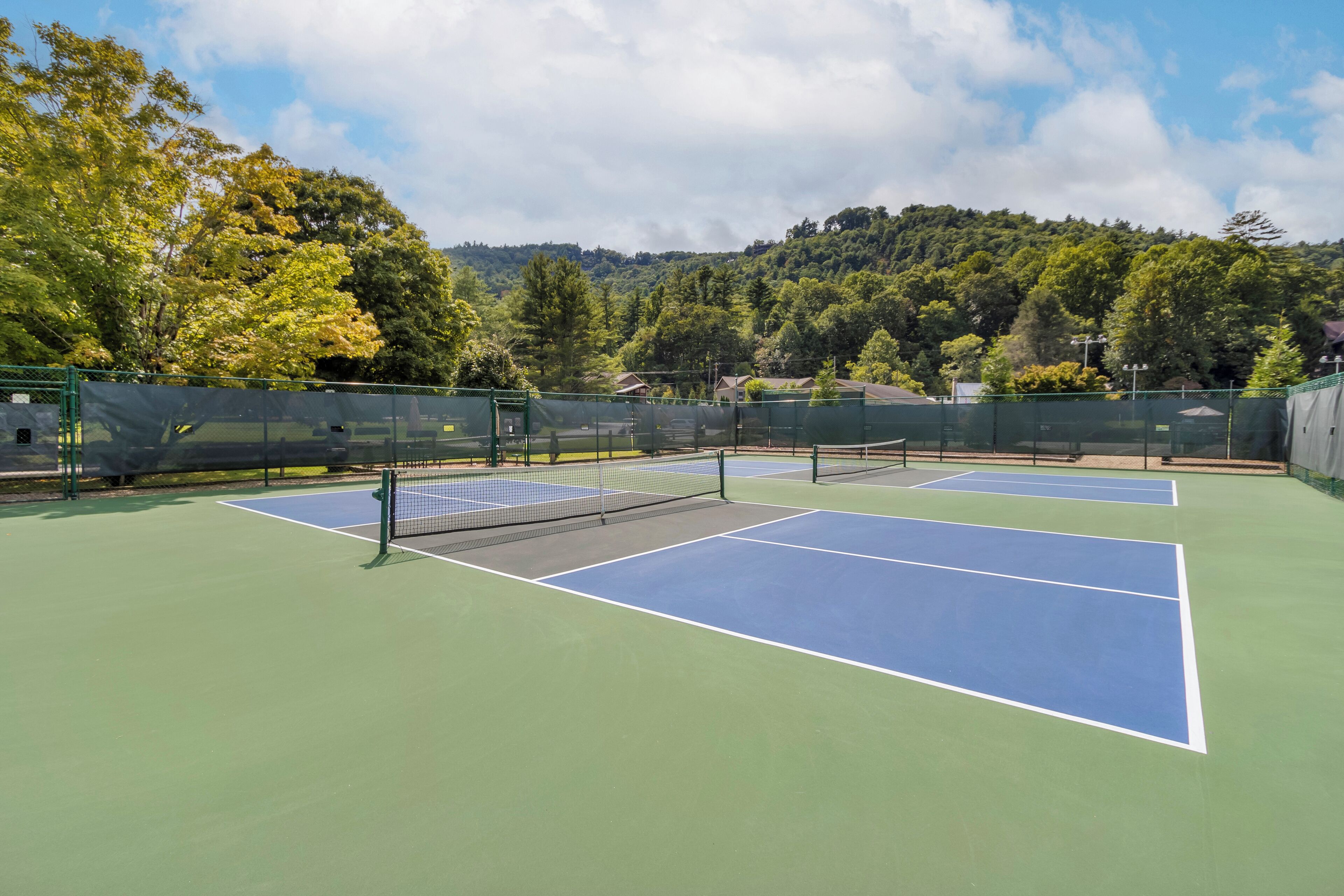 Un court de tennis avec un filet au centre, entouré d’une clôture verte et avec des arbres en arrière-plan.
