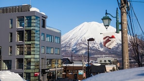 A modern building with large windows and a glass facade, a street lamp, and a sign for a business. - Hirafu 188 (Kutchan)