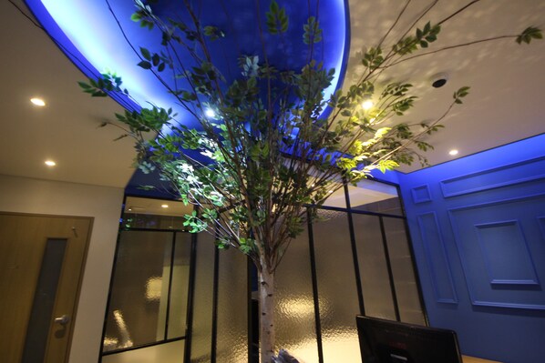 A room with a ceiling-mounted artificial tree, a wooden door, and a glass partition.