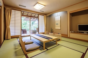 Room with open-air bath | Living area | 32-inch flat-screen TV with satellite channels, TV - Kifu No Sato (Mimasaka)
