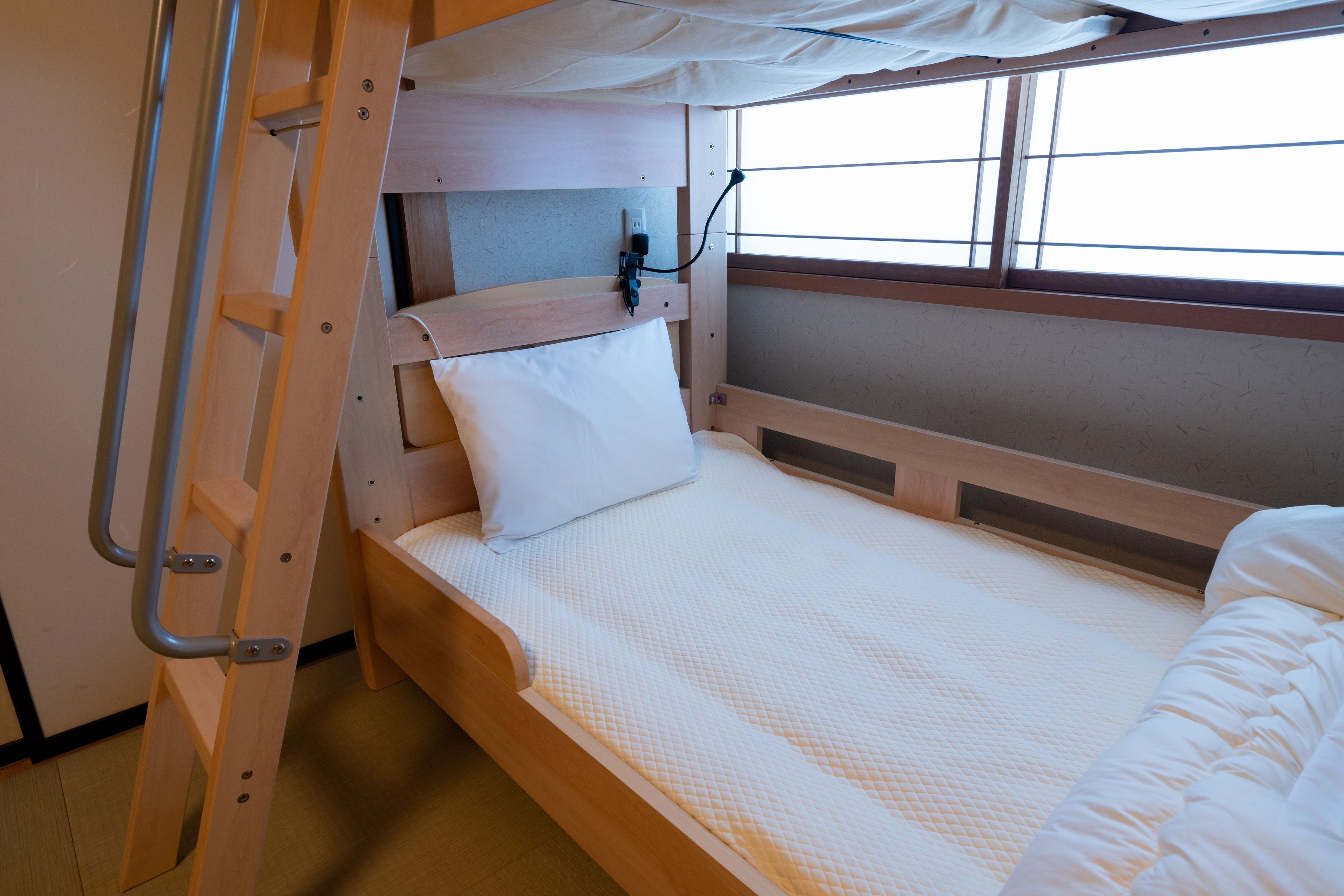 A bunk bed with a ladder, a pillow, and a window.