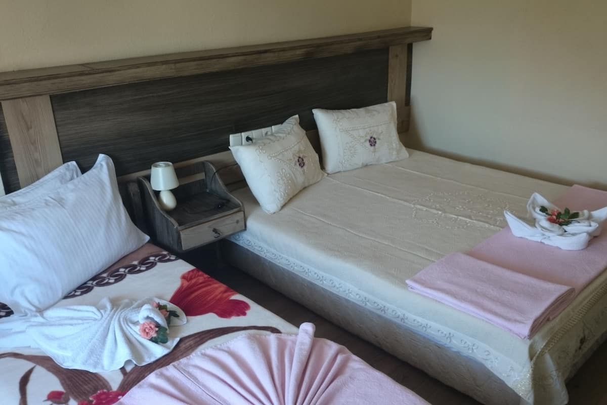A hotel room with two beds, each with white linens and decorative pillows. There is a wooden headboard, a nightstand with a lamp, and a pink towel on the right bed.